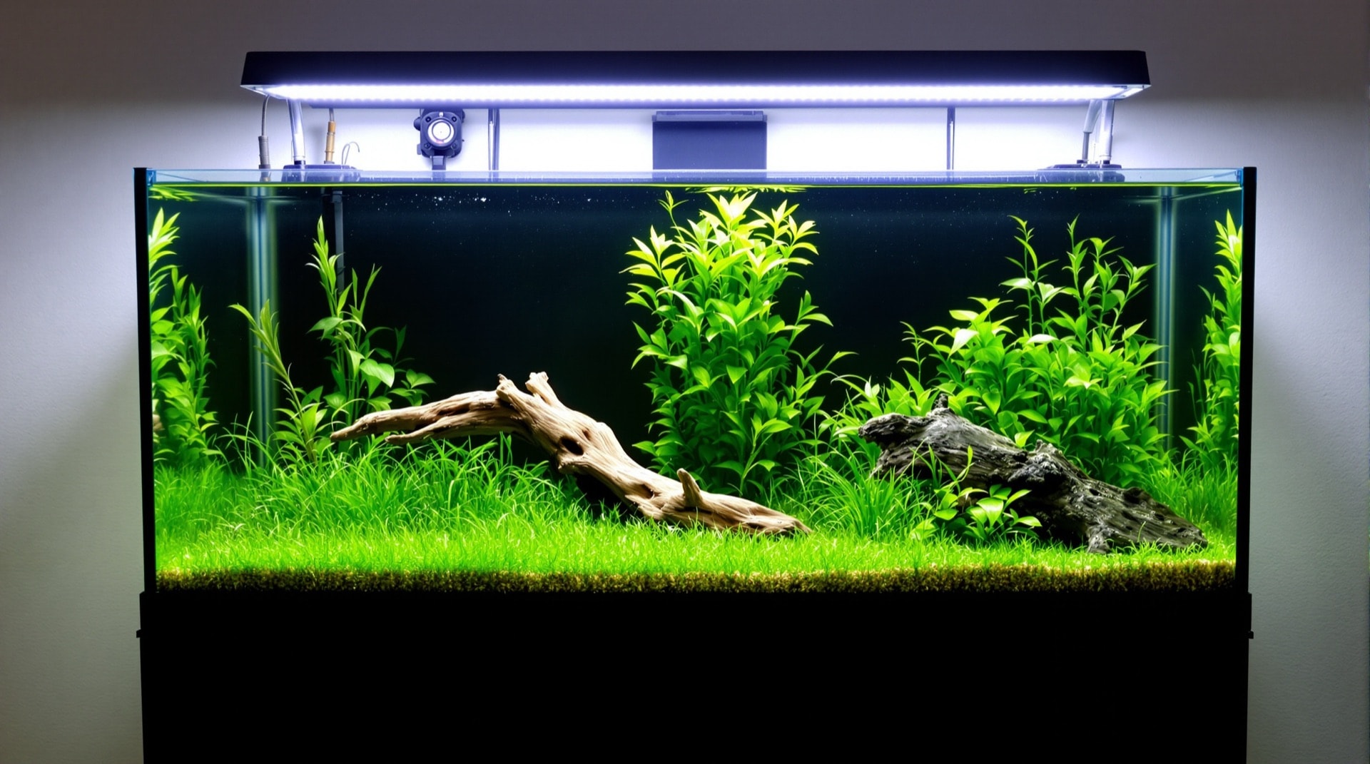 60cmレギュラー水槽で組んだ初期の水草レイアウト。前景のグラス類と流木を中心にした構成。