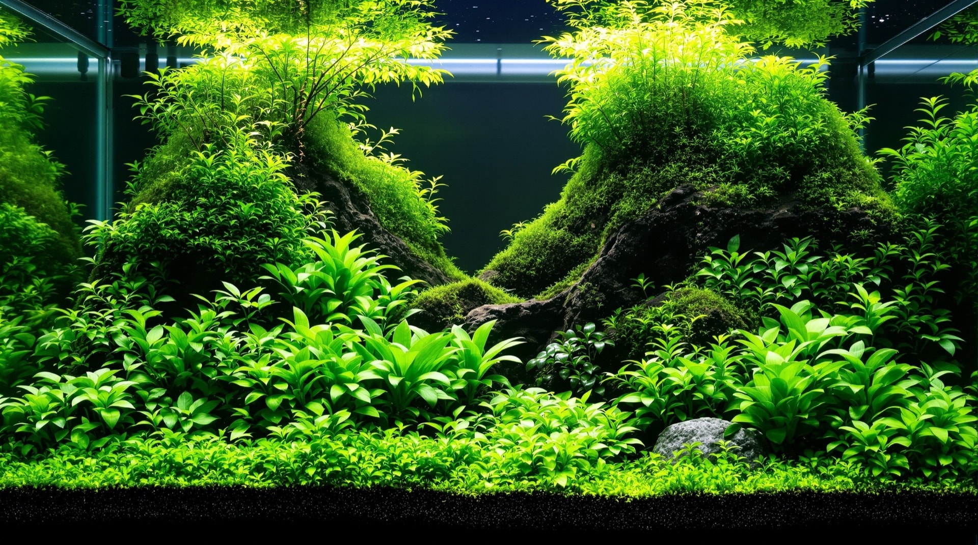 前景・中景・後景の三層で構成された水草レイアウト水槽